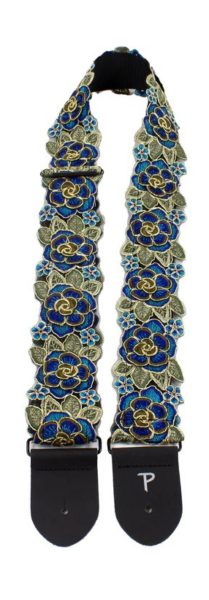 Blue and Gold Lace Ribbon 3D Style Floral Guitar Strap