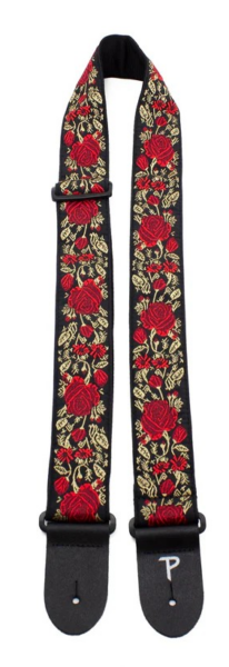 2" Jacquard Guitar Strap RED/GOLD ROSES ON BLACK