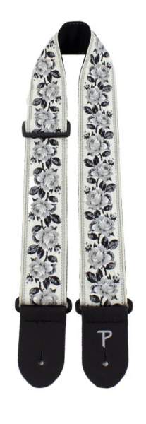 2" Jacquard Guitar Strap BLACK ROSES ON WHITE